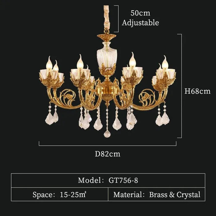 Brass Leaves Crystal Chandelier. - 8lights D82 H68cm