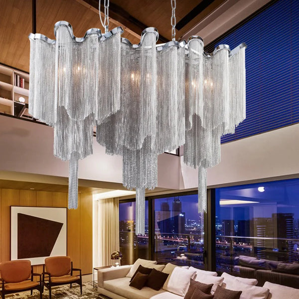 Creative Luxury Aluminum Tassel Chandelier: LED Hanging Light for Hotels and Cafes.
