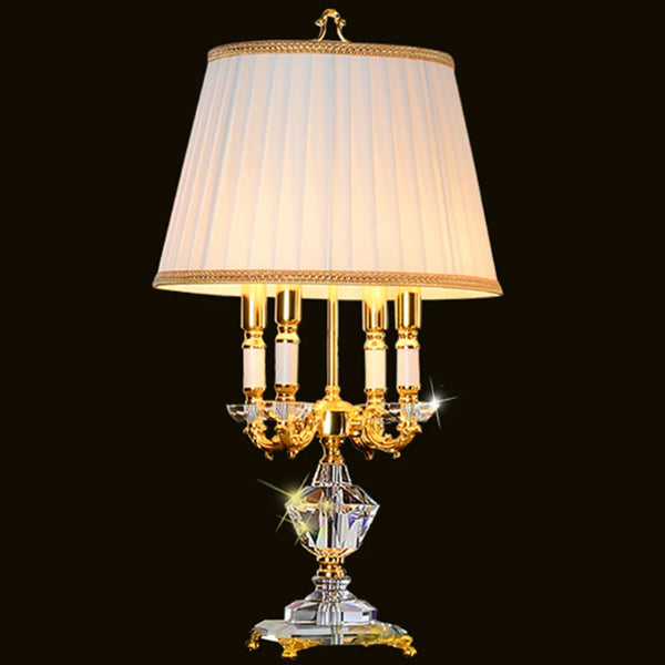 Opulent European Gold-Plated Zinc Alloy Table Lamp: White Cloth Cover, K9 Crystal LED E14 Lighting.