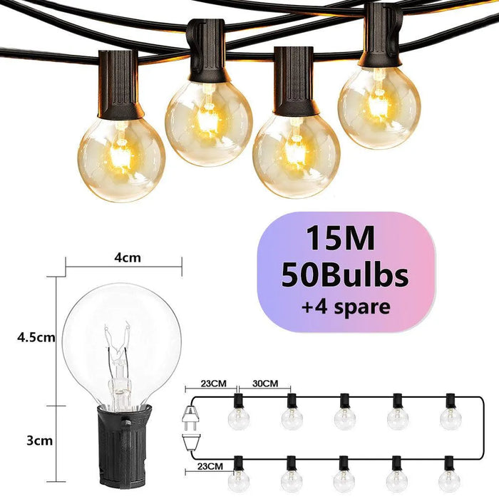 Connectable 50Ft G40 Patio String Lighting, Perfect for Outdoor Ambiance and Garlands. - 50FT 50 Bulbs / EU plug