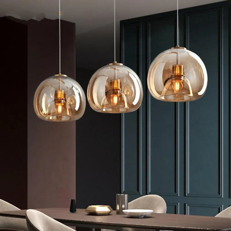 Contemporary Brass Glass Chandelier.