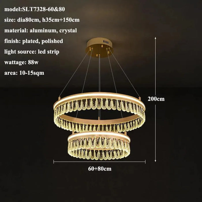 Elegant Crystal LED Chandelier. - 2 rings-60 80cm / Remote Ctrl Dimmable