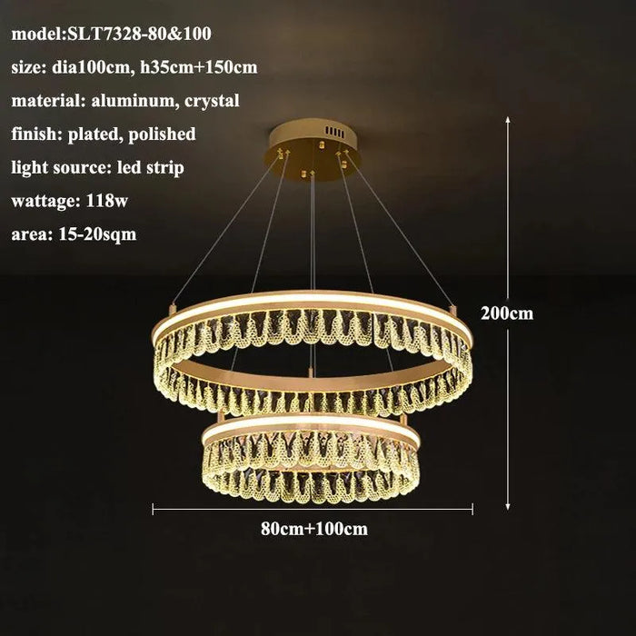 Elegant Crystal LED Chandelier. - 2 rings-80 100cm / Remote Ctrl Dimmable
