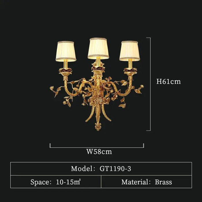 Elegant European Classic Brass Wall Lights with French Fabric Shade for Home Decor. - 3 lights W58 H61cm