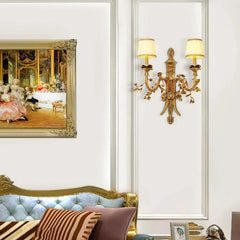Elegant European Classic Brass Wall Lights with French Fabric Shade for Home Decor.