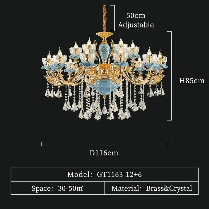 Blue Ceramic Crystal Pendant. - 18 lights D116 H85cm