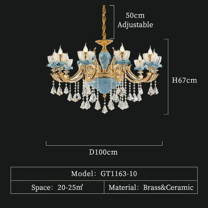 Blue Ceramic Crystal Pendant. - 10 lights D100 H67cm