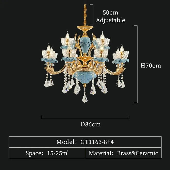 Blue Ceramic Crystal Pendant. - 12 lights D86 H70cm