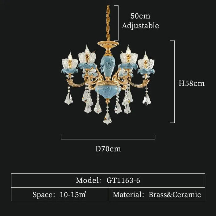 Blue Ceramic Crystal Pendant. - 6 lights D70 H58cm