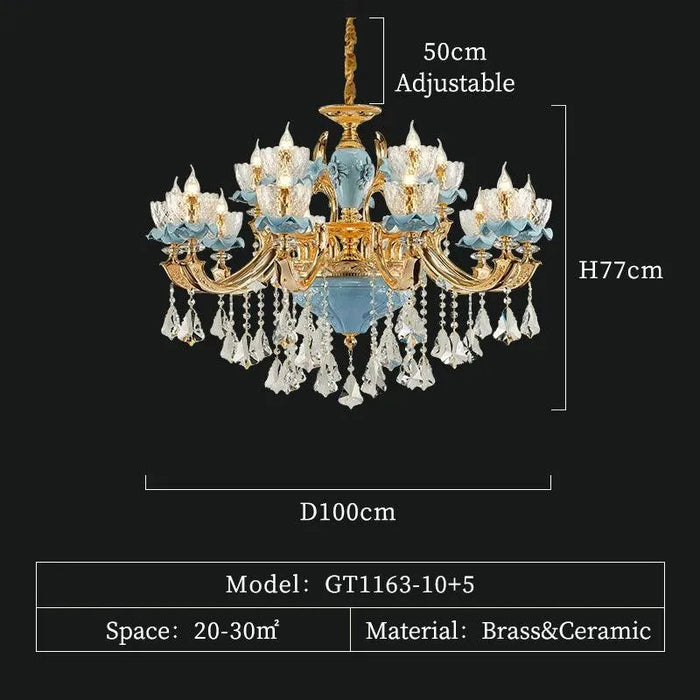 Blue Ceramic Crystal Pendant. - 15 lights D100 H77cm