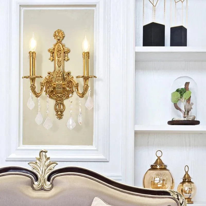 Elegant European Retro Crystal Water Drop Wall Lamp for Sophisticated Living and Sleeping Areas.