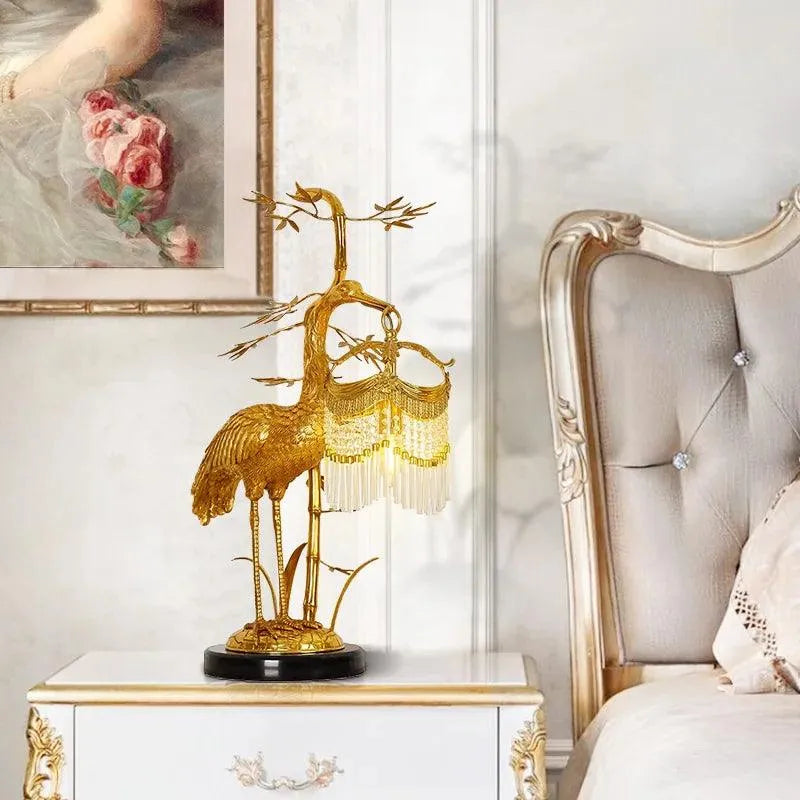 Elegant French Classic Brass Crystal Desk Light, Red-Crowned Crane Copper Table Lamp for Sophisticated Interiors. - BH Home Store