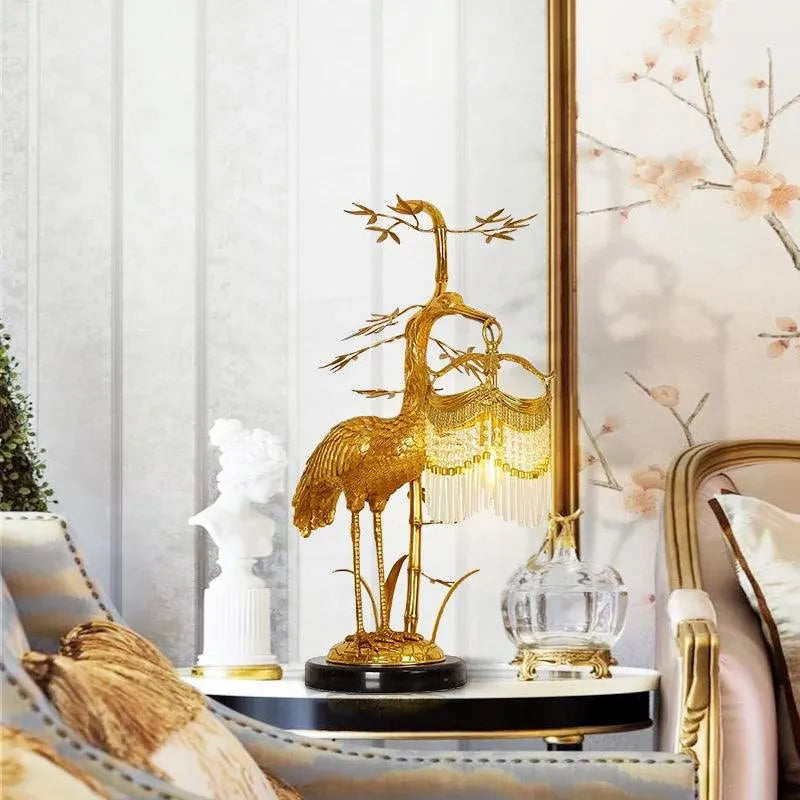 Elegant Red-Crowned Crane Copper Table Lamp.