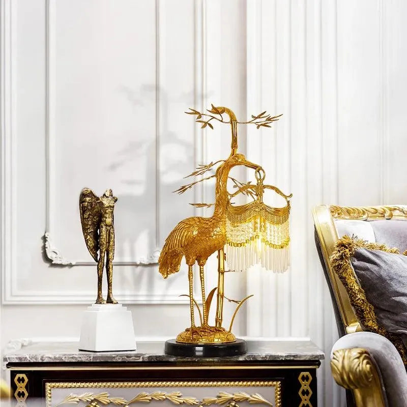 Elegant French Classic Brass Crystal Desk Light, Red-Crowned Crane Copper Table Lamp for Sophisticated Interiors. - BH Home Store