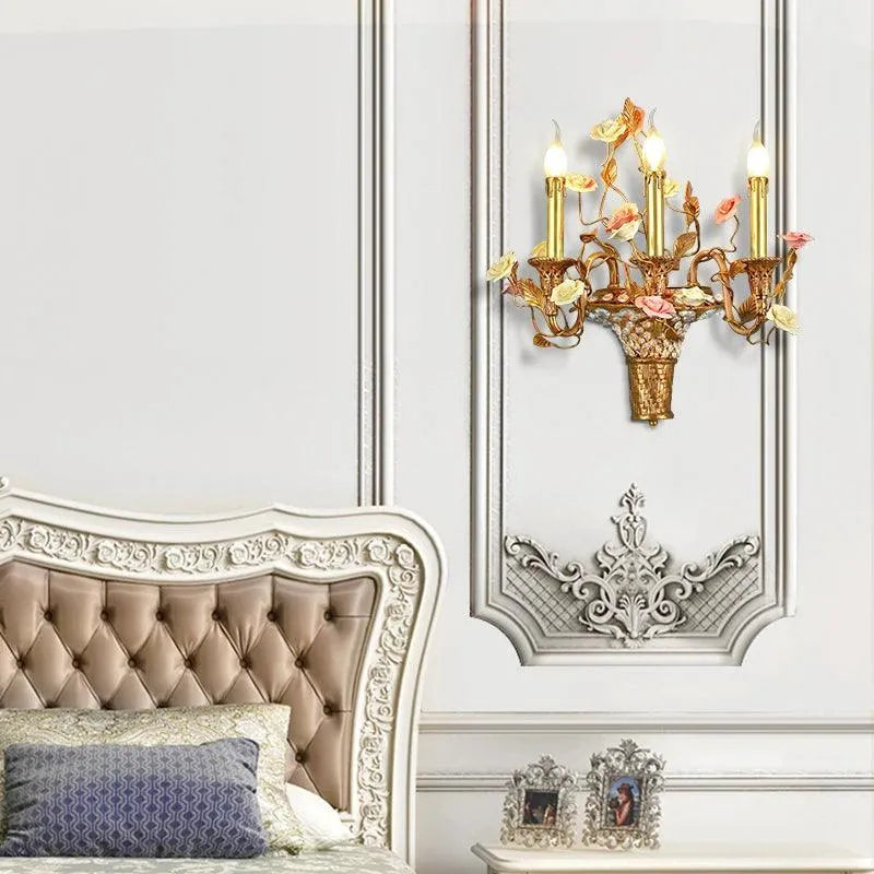 Elegant French Classical Copper Wall Light, Vintage Porcelain Flower Decoration for Living Spaces.