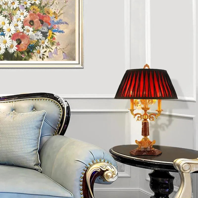 Exquisite French Style Full Copper and Marble Table Lamp, Handmade Red Shade Elegance. - BH Home Store