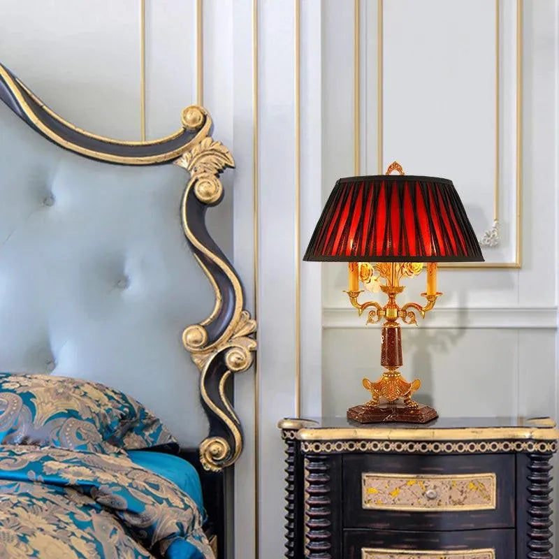Exquisite French Style Full Copper and Marble Table Lamp, Handmade Red Shade Elegance. - BH Home Store