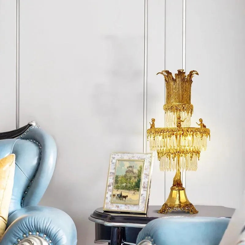 European Antique Brass Crystal Table Lamp.