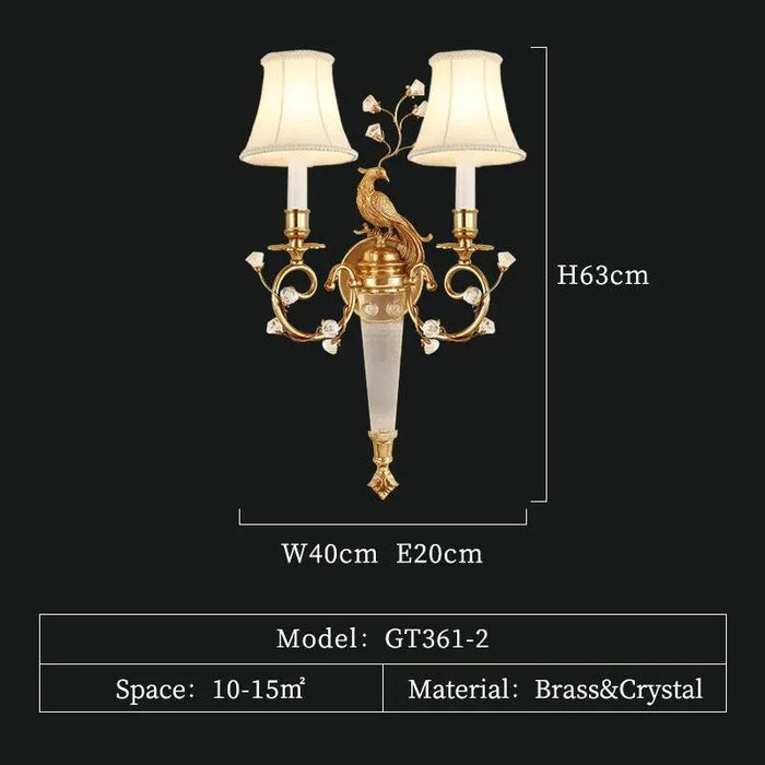 Luxurious Chinese Style Gold Brass Peacock Lamp with Dual Arms and Classic Shade - 361-2 W40 H63 E20cm