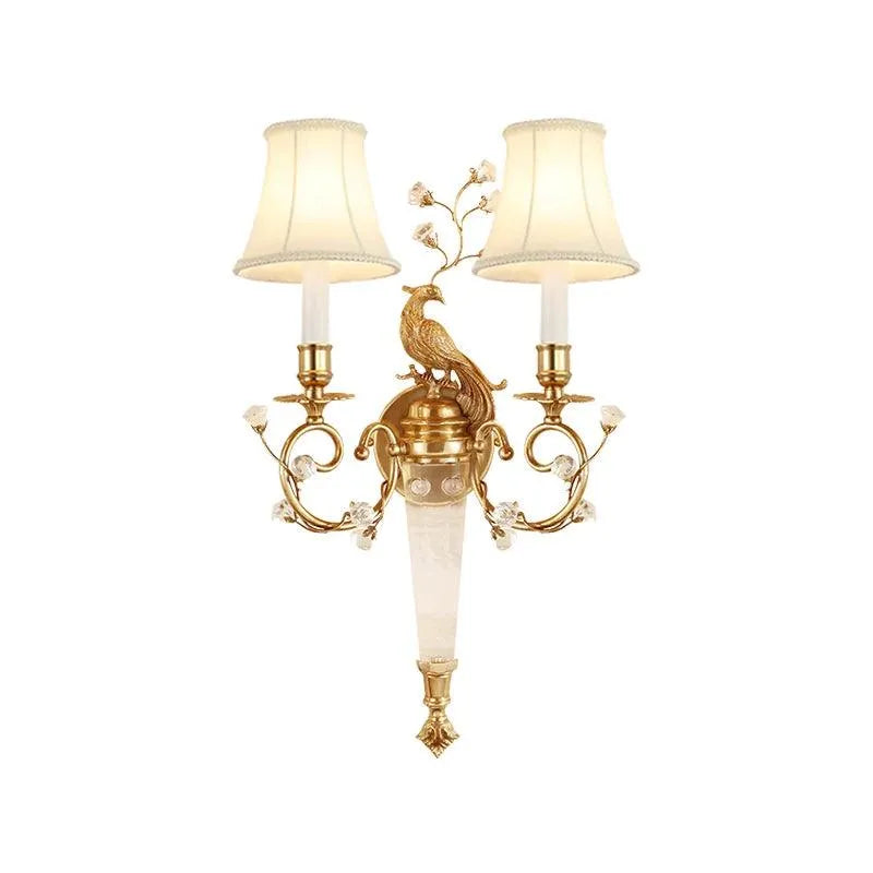 Luxurious Chinese Style Gold Brass Peacock Lamp with Dual Arms and Classic Shade - BH Home Store