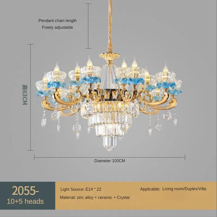 Blue Ceramic and Crystal Living Room Chandelier. - 10 and 5 and 7heads / White light