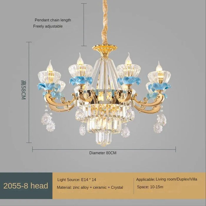 Blue Ceramic and Crystal Living Room Chandelier. - 8 and 6heads / White light