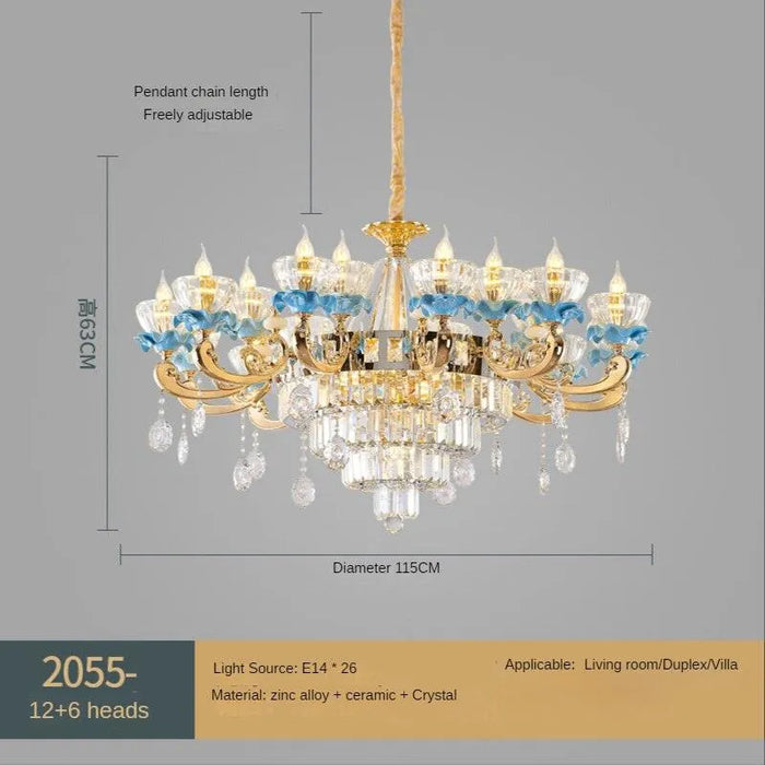 Blue Ceramic and Crystal Living Room Chandelier. - 12 and 6 and 8heads / White light