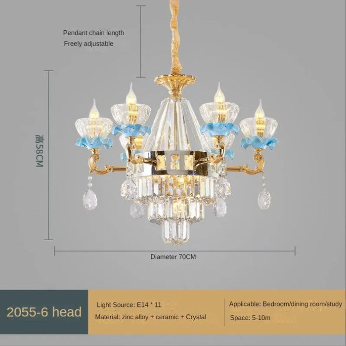 Blue Ceramic and Crystal Living Room Chandelier. - 6 and 5heads / White light