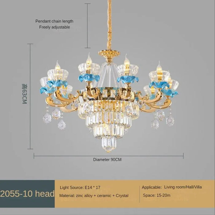 Blue Ceramic and Crystal Living Room Chandelier. - 10 and 7heads / White light