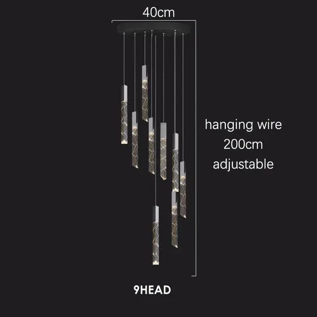 Duplex Stairs Crystal Pendant. - 9 Heads / Golden / Cold White