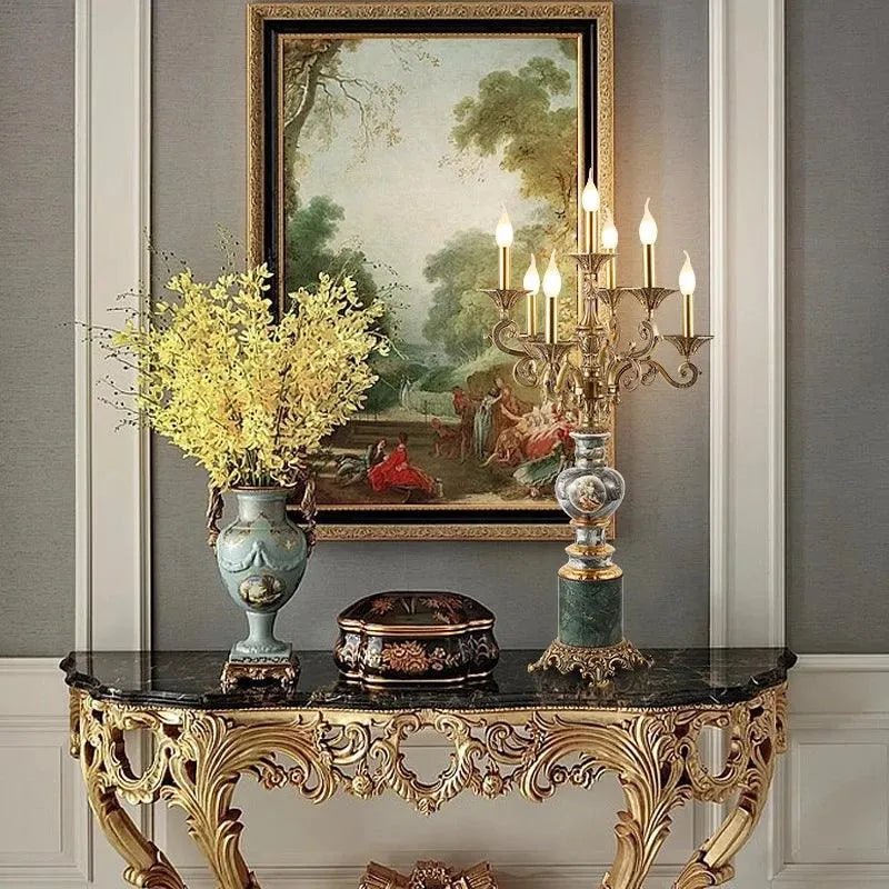 Luxurious Vintage French Porcelain Candlestick Lamp, Brass Marble Table Design, Bedroom Character Decor. - BH Home Store