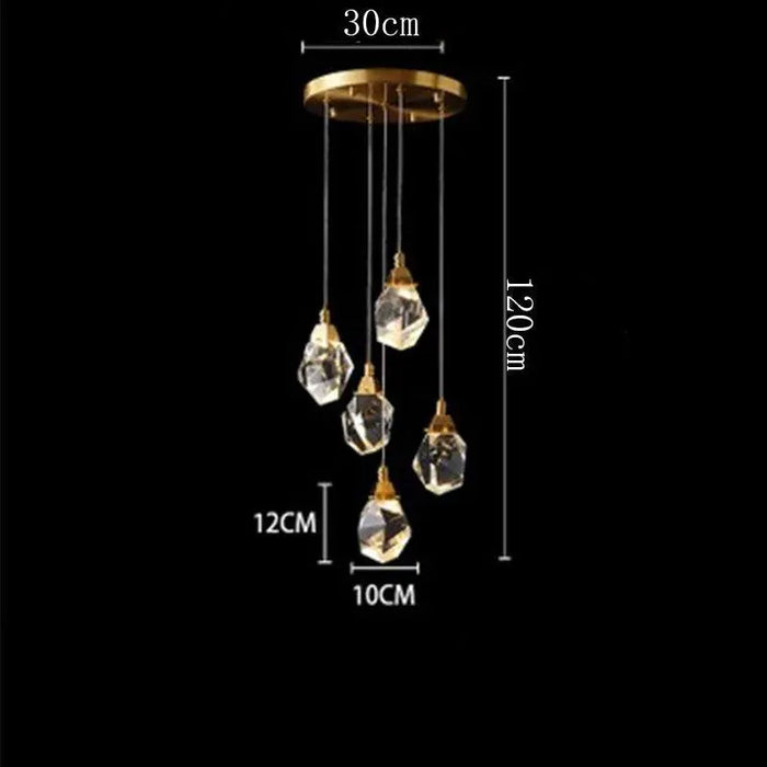 Golden Diamond Crystal Pendant. - 5 head / RC remote dimming
