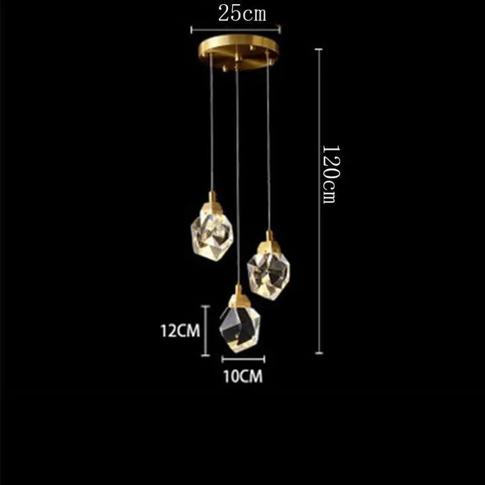 Golden Diamond Crystal Pendant. - 3 head / RC remote dimming
