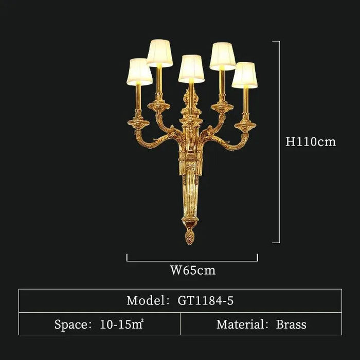 Opulent European Hotel Lobby and Villa Bedroom Wall Sconce in French Rococo Style - 5 lights W65 H110cm