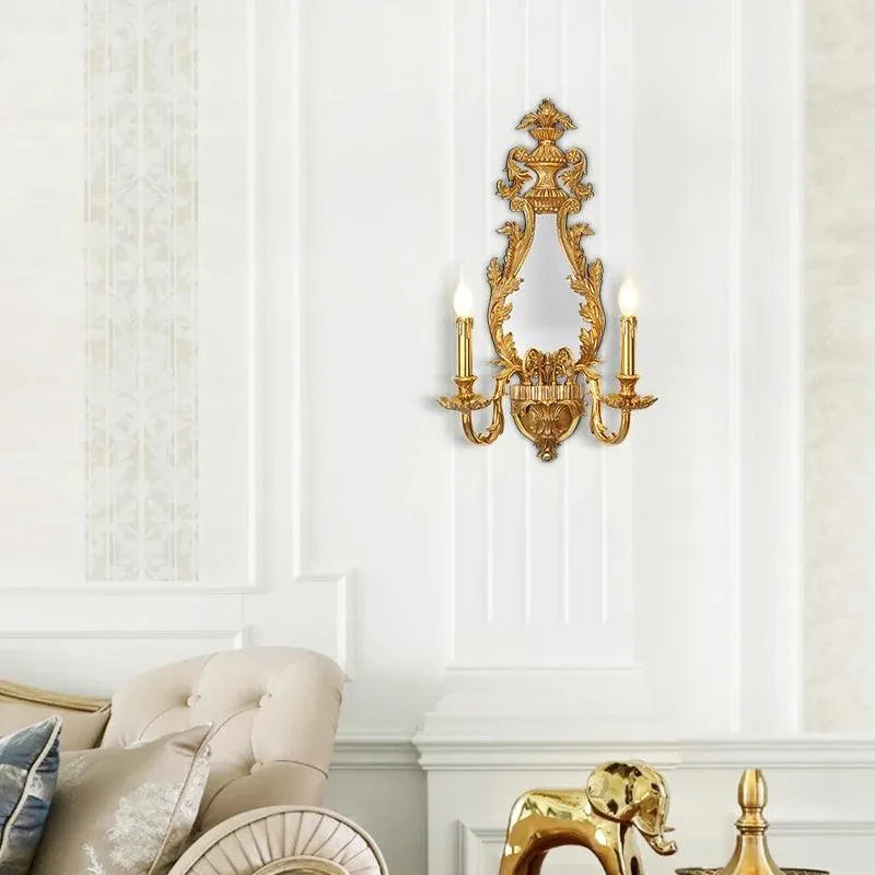 Refined European Brass Wall Lighting, Classic French Mirror Lamp for Villa and Hotel Decor.