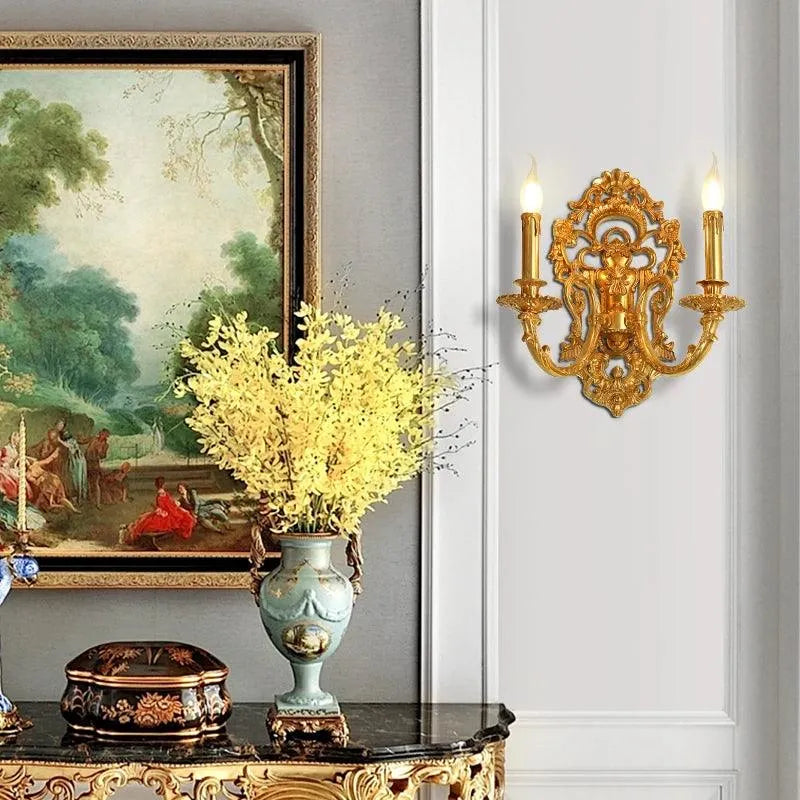 Regal Baroque Inspired Brass LED Wall Sconce, Vintage Style for Bedroom and Living Room.