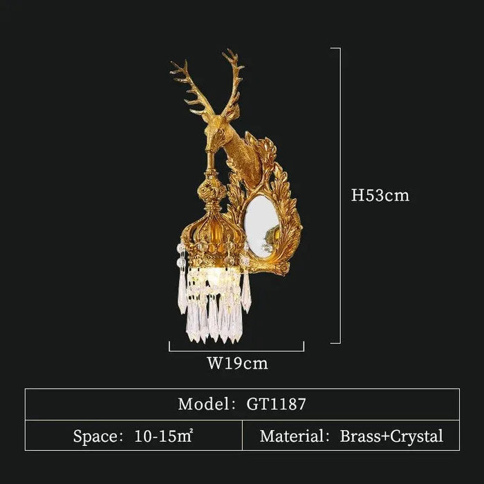 Regal Brass and Crystal Deer Head Wall Lamp for Sophisticated Living Room Ambiance. - 1 lights W19 H53cm
