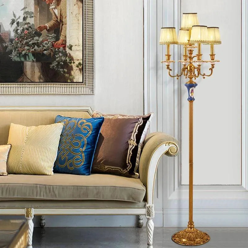 Regal Brass and Porcelain Floor Lamp with Luxurious Fabric Shade. - BH Home Store