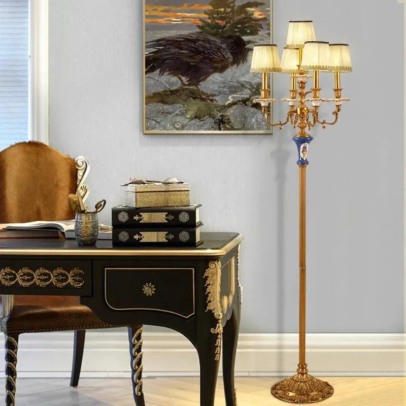Regal Brass and Porcelain Floor Lamp with Luxurious Fabric Shade. - BH Home Store