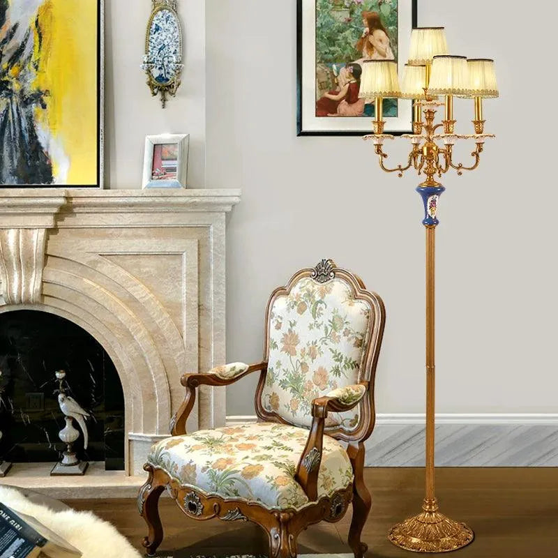 Regal Brass and Porcelain Floor Lamp with Luxurious Fabric Shade. - BH Home Store