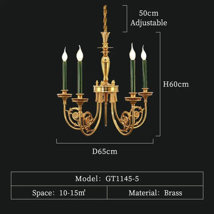 Brass Green Candle Chandelier. - 5lights D65 H60cm