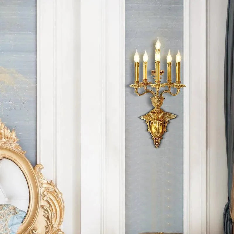 Regal European Luxury Brass Candle Wall Light Sconces for Sitting Room and Bedroom Decor.