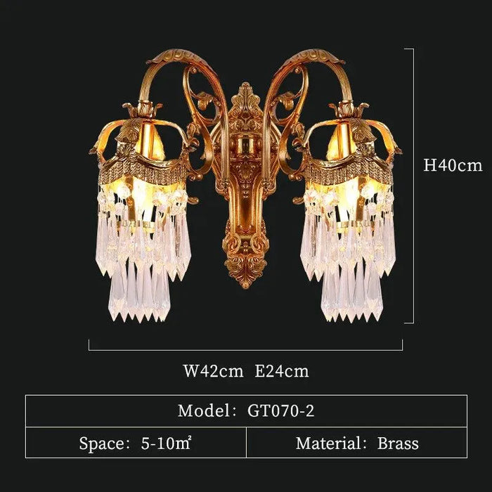 Regal Indoor Handmade Full Copper Crystal Wall Lamp, French Style for Dining Room Sophistication. - W42 H40 E24cm