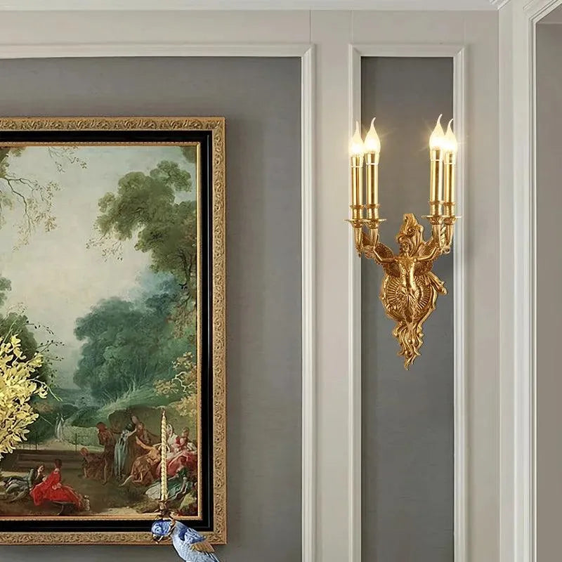 Sophisticated Brass Angel Wall Candle Sconce, European Inspired Lighting for Living and Dining.
